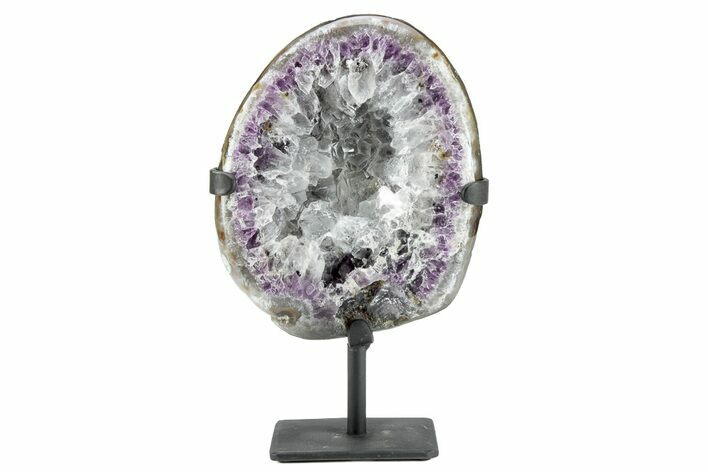 Polished Quartz Geode WIth Amethyst Band On Metal Base #207041